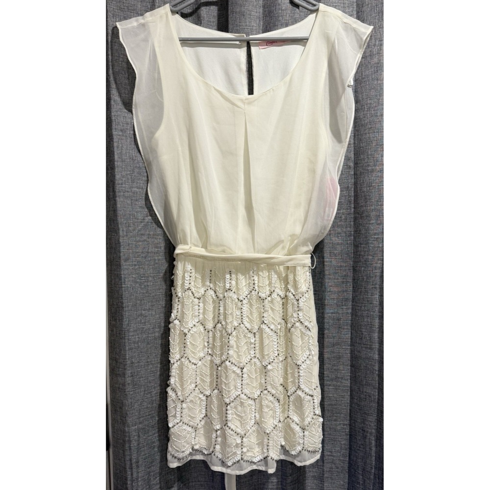 Candie's Sequin Dress Cream Juniors Size Large Lined Sheer Sleeveless Dressy NWT